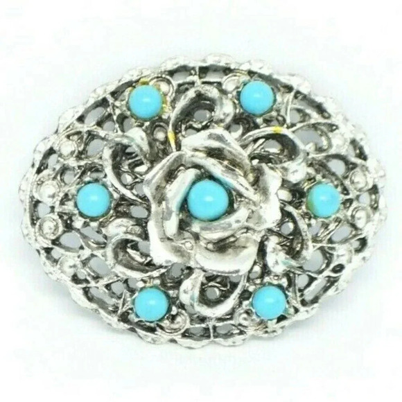 Blue Bead Rose Flower Filigree Silver Tone Retro - Picture 1 of 4